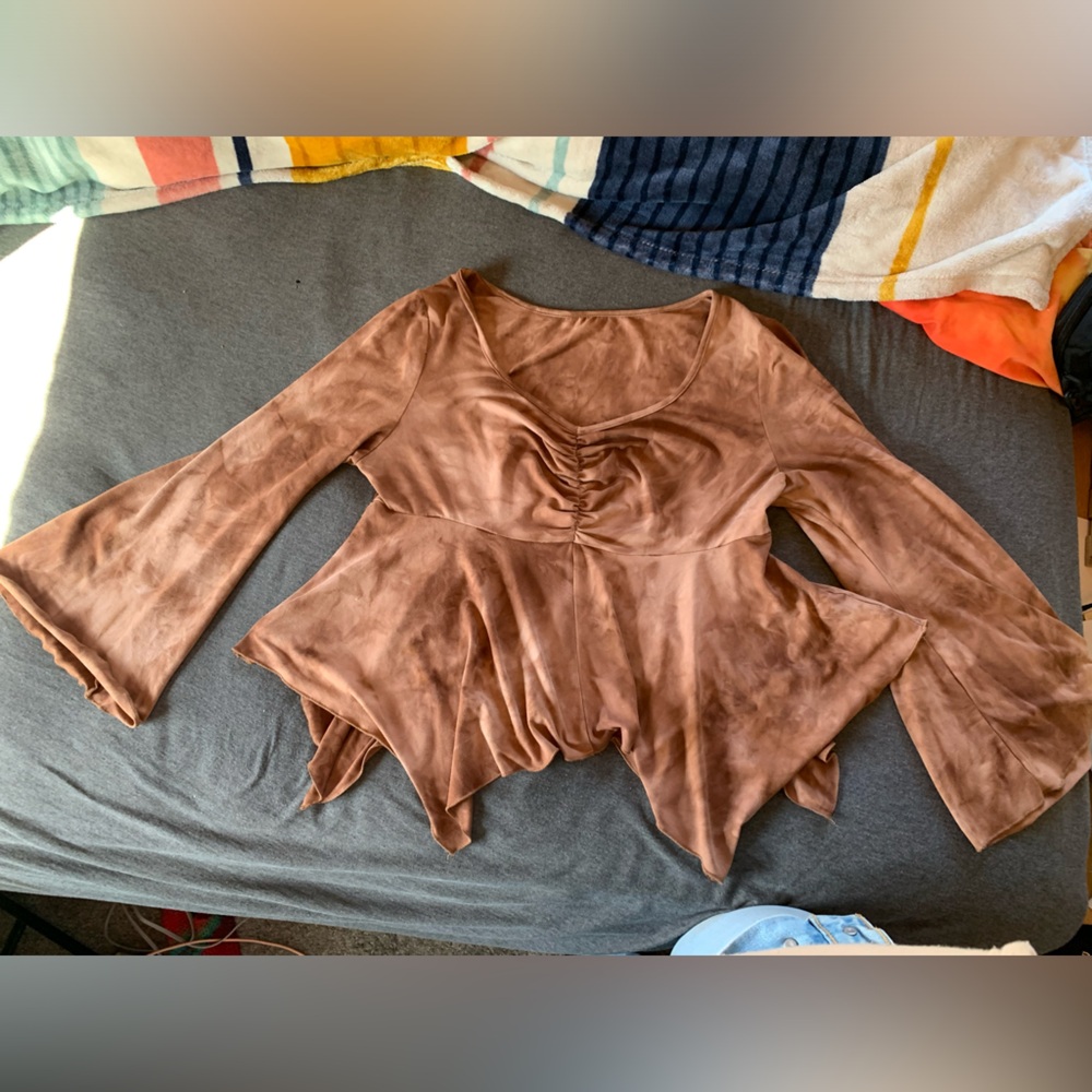 Brown Asymmetrical Peplum Blouse with Bell Sleeves